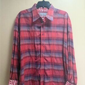 Robert Graham Plaid Shirt 2XL Red Blue Contrast Cuff Designer‎ Cotton